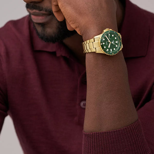 Fossil Gold-Tone Diver Watch, Green Dial