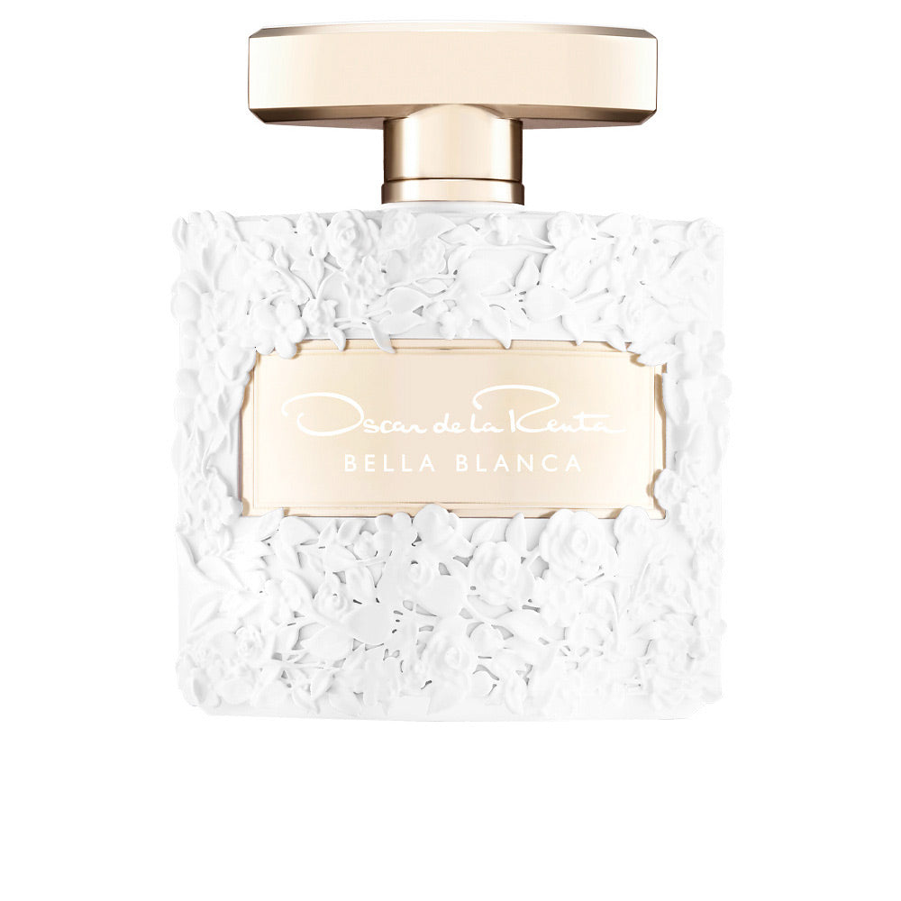 Glass perfume bottle embossed with white relief flowers and a gold nameplate, 100 ml