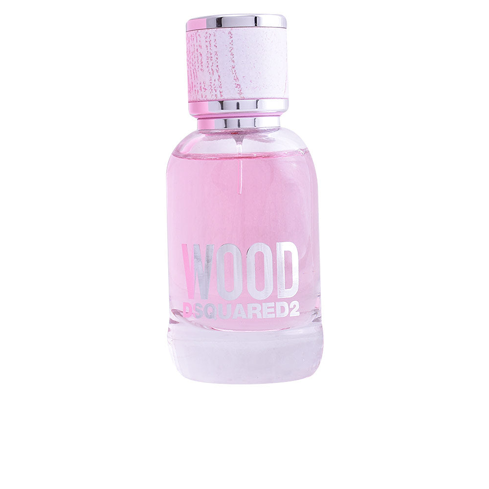 Glass perfume bottle with clear liquid and wooden-effect cap, 50 ml