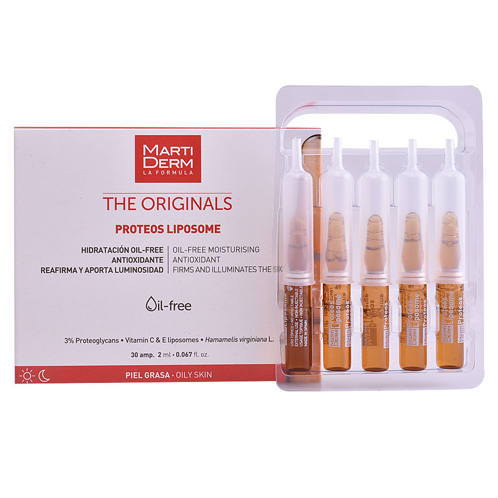 Glass 2 ml ampoules of oil-free Proteos Liposome serum, box visible, Unisex skincare