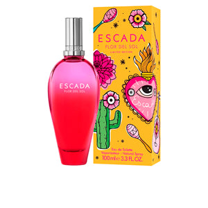 Red-ombre 100 ml perfume bottle with colourful Mexican floral packaging