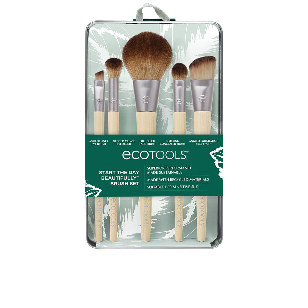 Beige and green five-brush set with wooden handles, metal ferrules, soft synthetic bristles — Ecotools