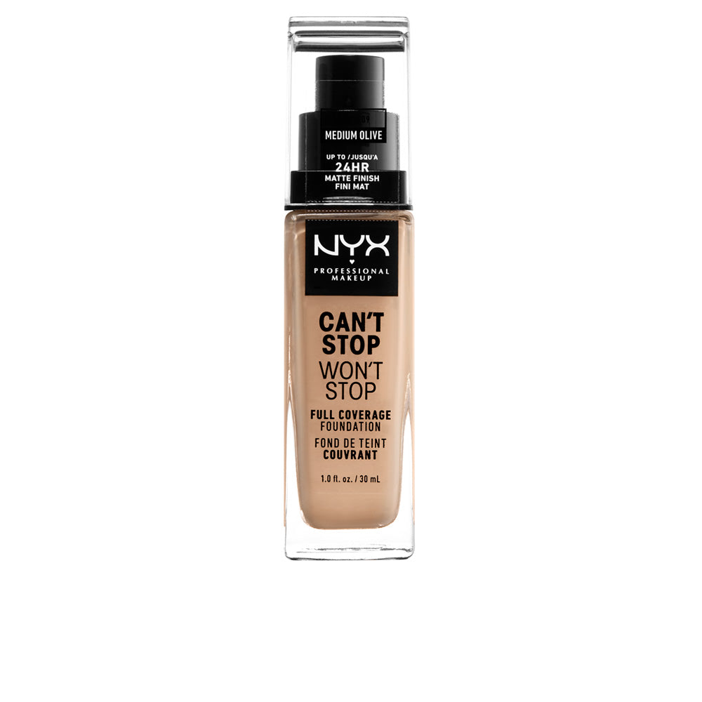 30 ml medium olive liquid foundation bottle, matte finish, pump dispenser