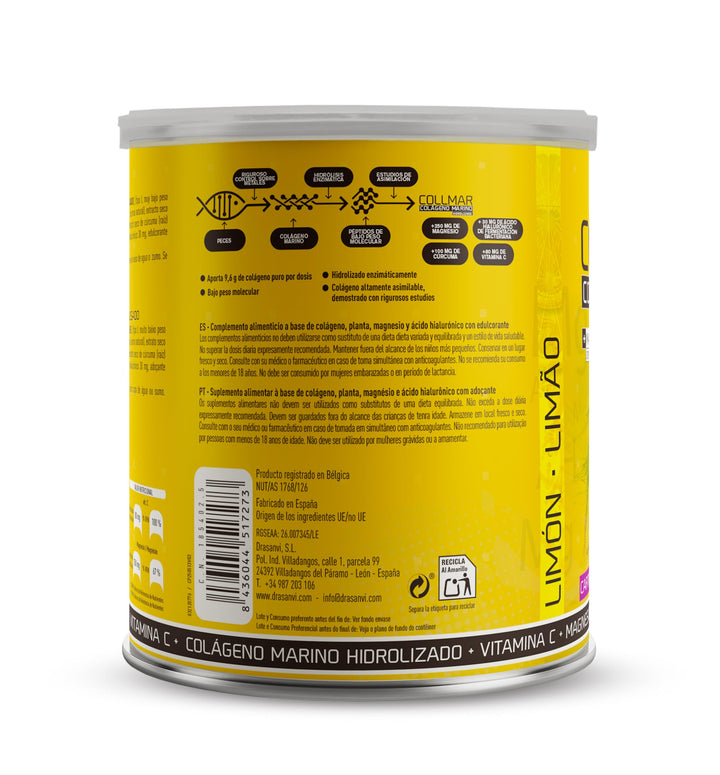 Jar of marine collagen powder, lemon flavour, turmeric and magnesium blend, 300 g