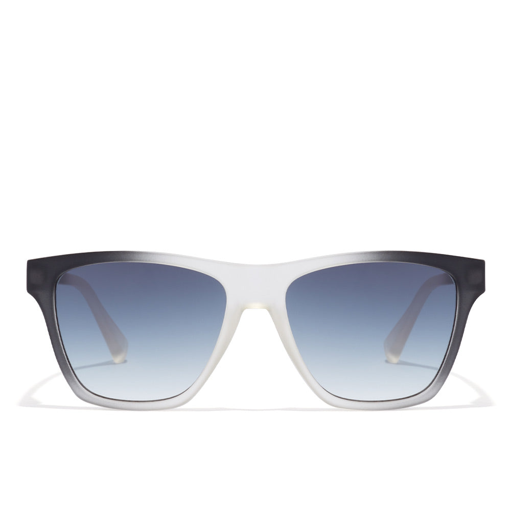 Hawkers black-and-white two-tone sunglasses with thick frame, square gradient blue lenses and bold temples