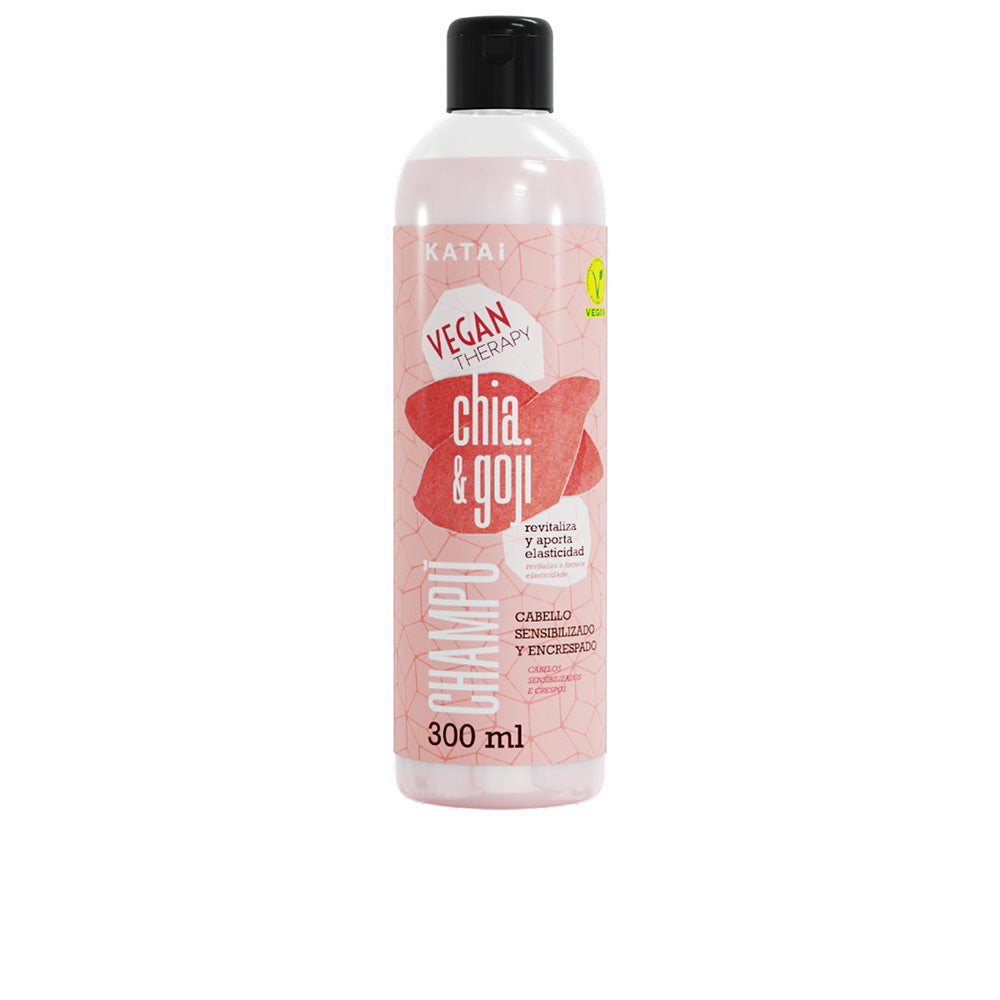 300 ml bottle of chia and goji nourishing shampoo, clean minimalist label