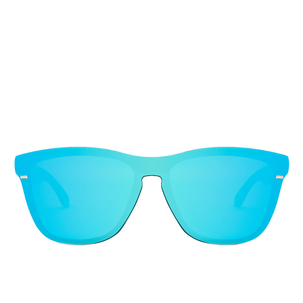 Glossy black hybrid frame sunglasses with chrome mirror mask lens, Unisex