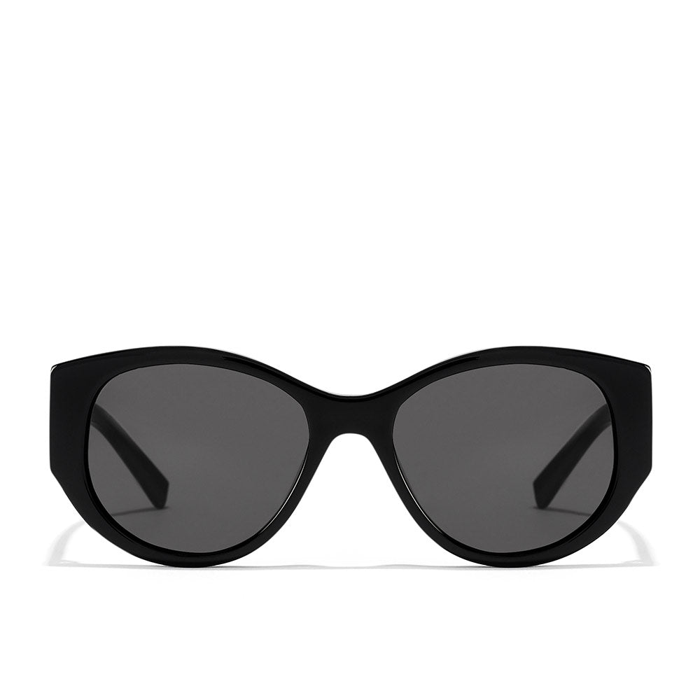 Unisex black polished acetate sunglasses with triangular temples and black lenses
