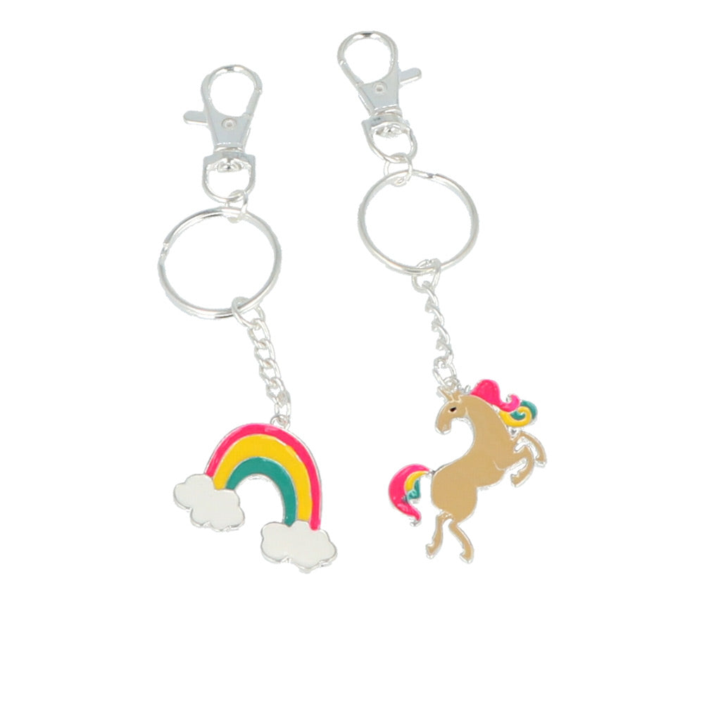 Two rainbow-coloured unicorn keychains with nickel split rings, soft PVC charms
