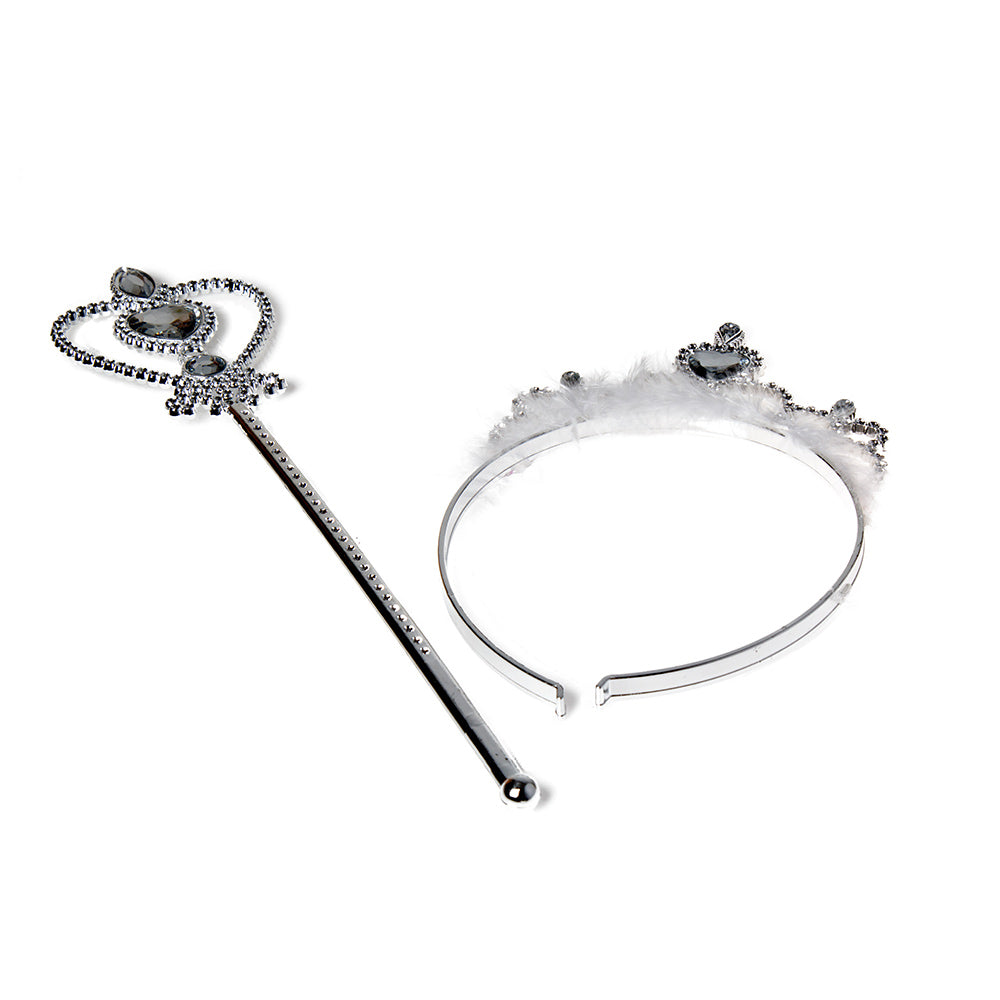 Silver tiara with matching star-tipped wand and ribbon streamers, two-piece set