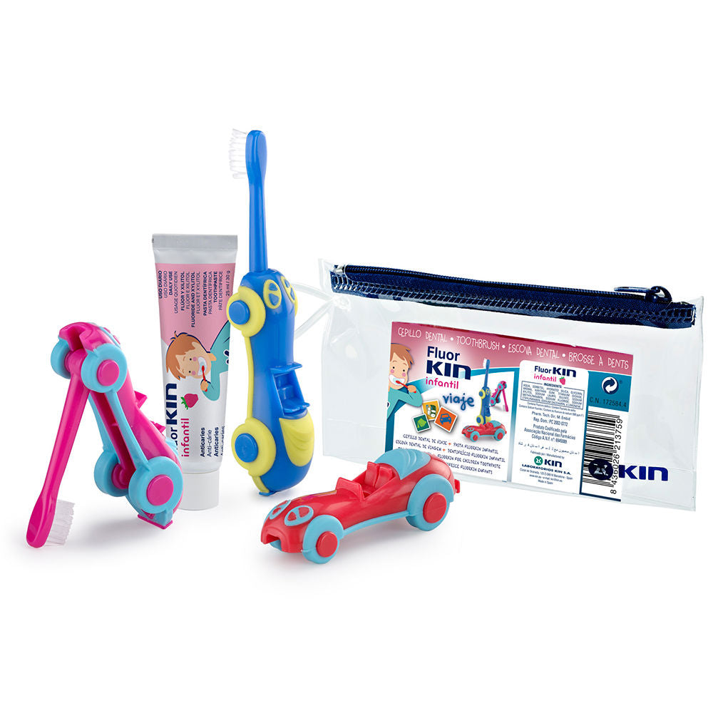 Three-piece Unisex children's dental travel kit with car-shaped toothbrush
