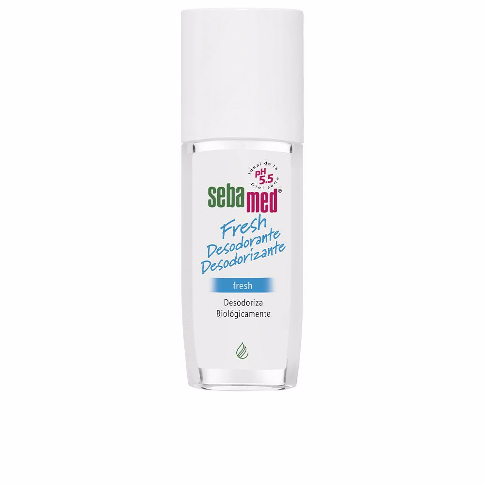 75 ml unisex deodorant spray with acidic pH, clear bottle, minimalist labelling