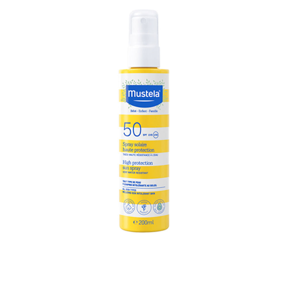 Pump spray bottle of Mustela SPF 50 baby sunscreen with avocado, eco-friendly packaging