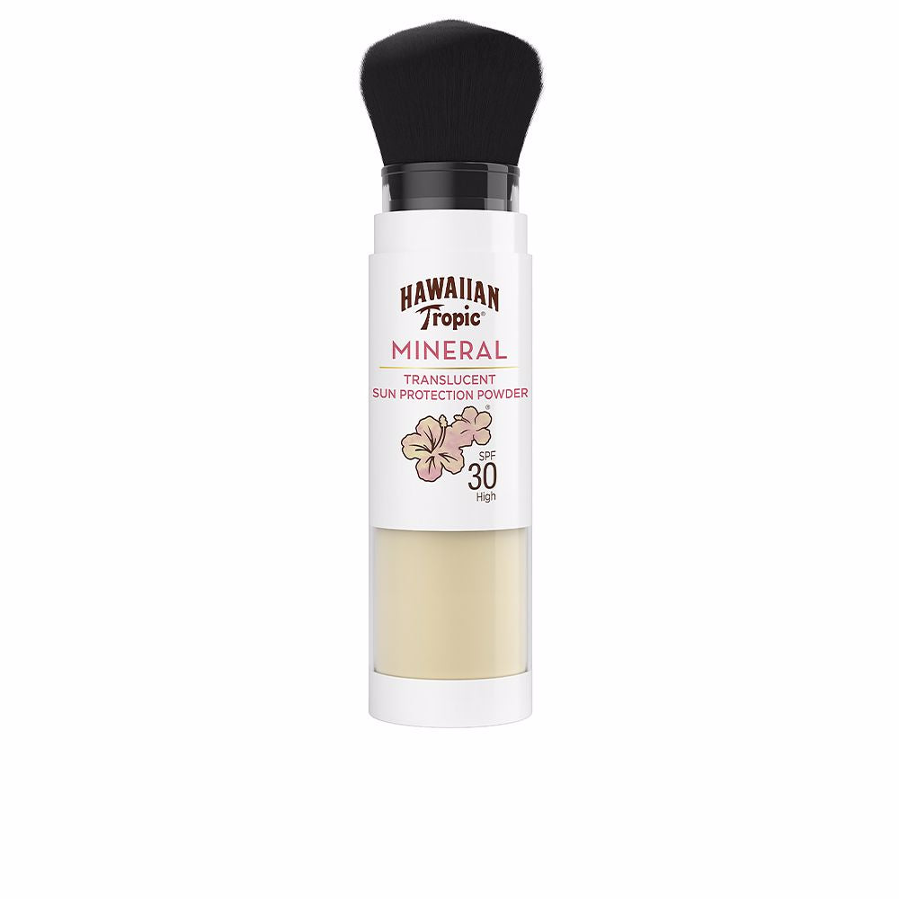 Compact powder brush with translucent tinted mineral SPF powder, matte finish