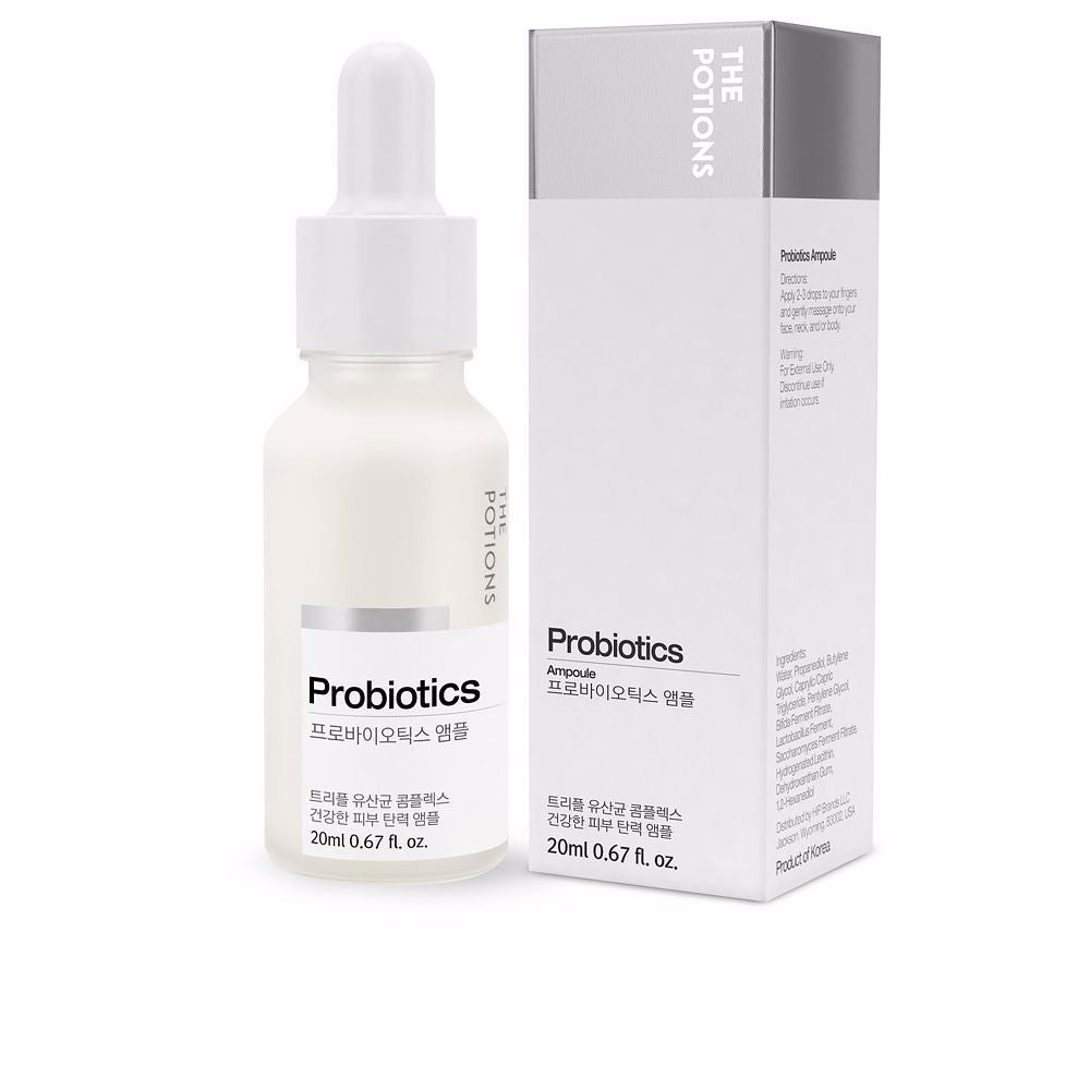 Small glass ampoule labelled probiotic hydration, 20 ml, clear liquid