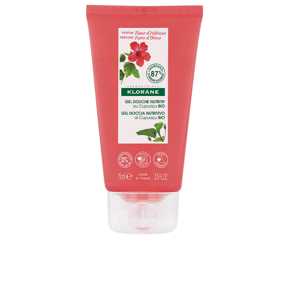 75 ml tube of hibiscus-scented biodegradable shower gel, gel texture visible
