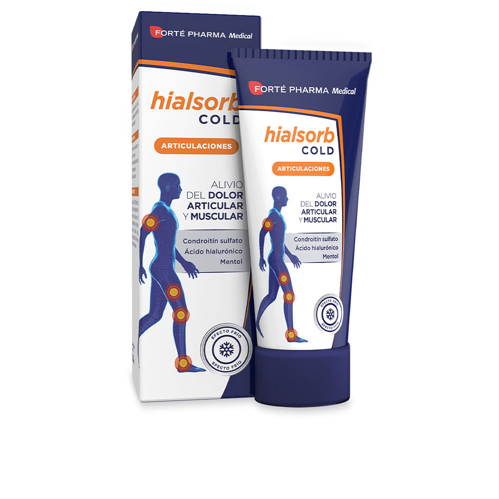 Forté Pharma Plastic tube and box in blue, white, orange showing human silhouette with highlighted joints and snowflake