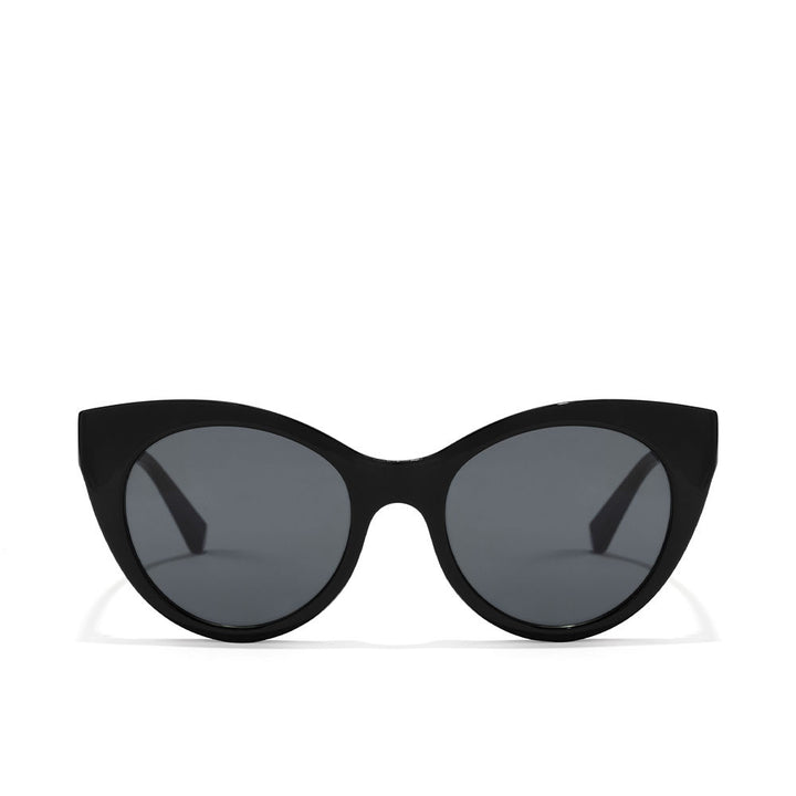 Glossy black cat-eye sunglasses with rose-gold polarized lenses, microfibre case
