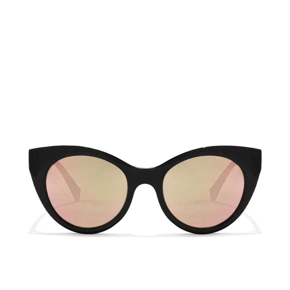 Glossy black cat‑eye sunglasses with rose‑gold polarised lenses, TR90 frame, microfibre pouch