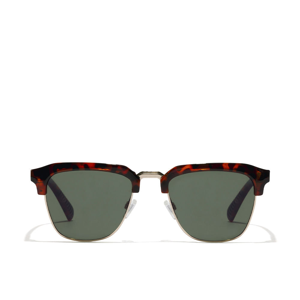 Unisex brown carey rectangular sunglasses with green polarized lenses and stainless rim