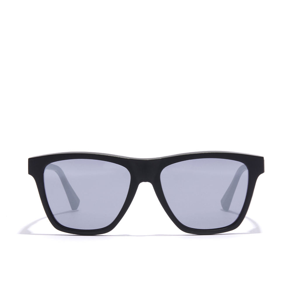 Matte black square Unisex sunglasses with lilac mirror lenses and silver temple logos