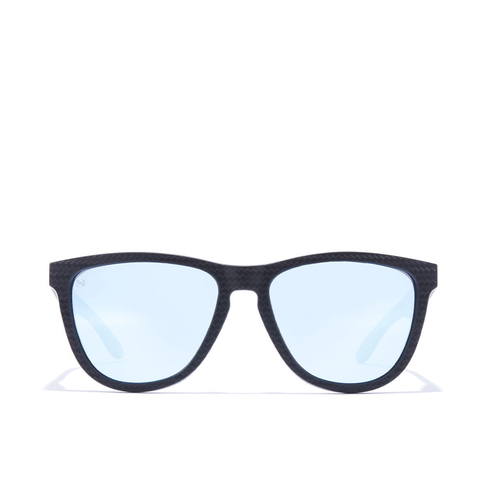 Square black TR90 sunglasses with diagonal graphite sheen and blue chrome polarised lenses