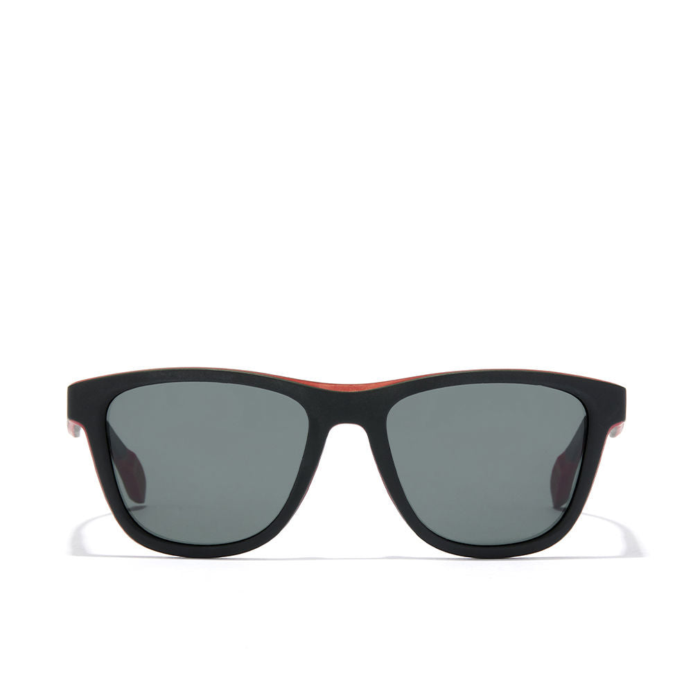 Unisex matte black TR90 sunglasses with red rubber details and polarised lenses