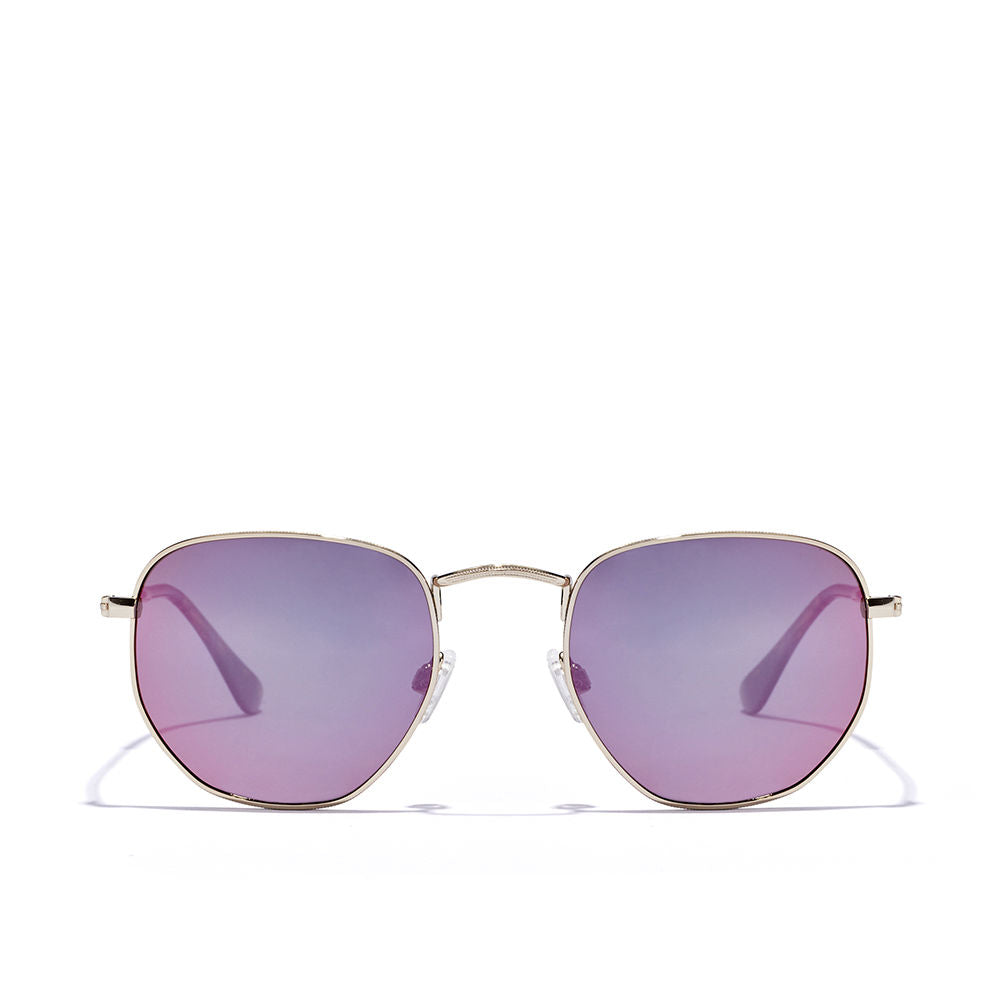 Gold geometric stainless steel sunglasses with purple polarised lenses, round shape