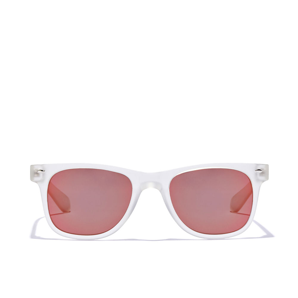 Unisex frosted white square sunglasses with iridescent ruby polarised lenses