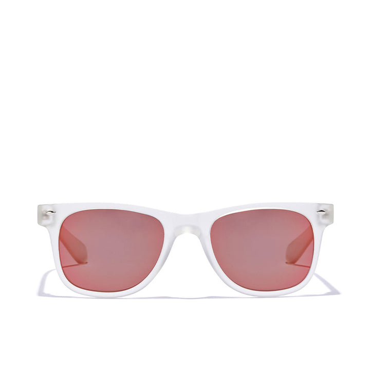 Unisex frosted white square sunglasses with iridescent ruby polarised lenses
