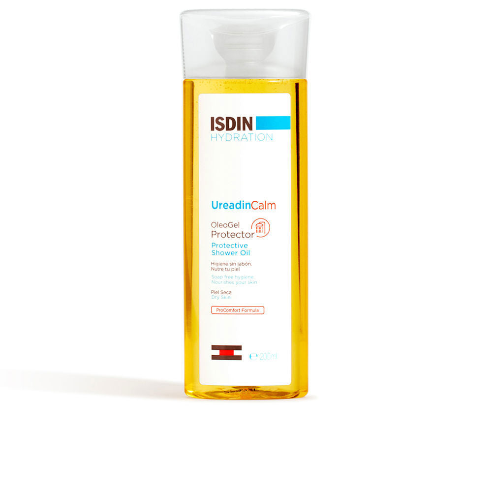 200 ml bottle of soothing urea shower oil gel, pale golden gel texture