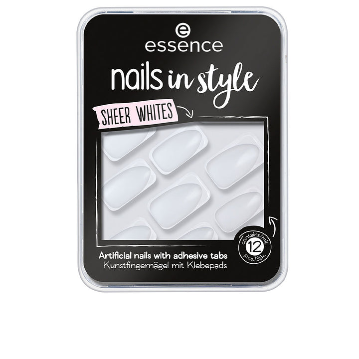 Set of 12 almond-shaped sheer white press-on nails with adhesive tabs