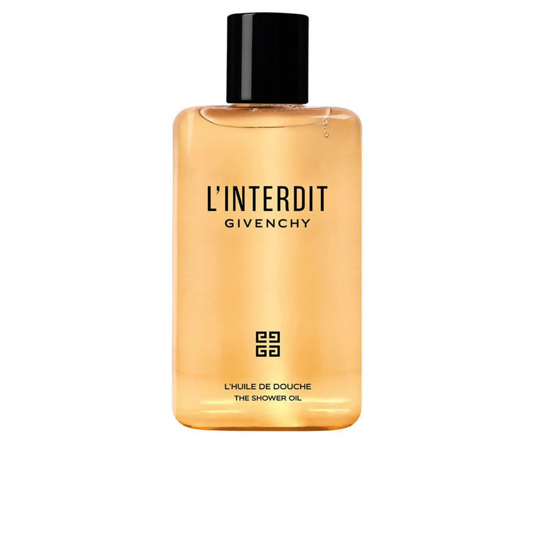 Transparent 200 ml bottle of L'Interdit scented shower oil, silky foam texture