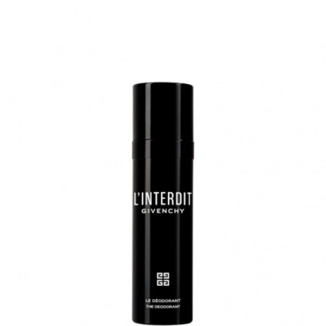 Givenchy L'INTERDIT deodorant spray in recycled aluminum can, elegant black and white design