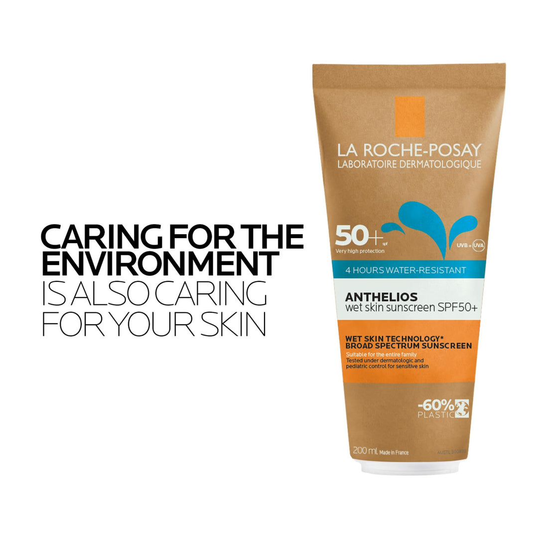 la Roche Posay Brown, blue and orange sunscreen tube with cartoon characters, prominent SPF number, sun icon, and QR code