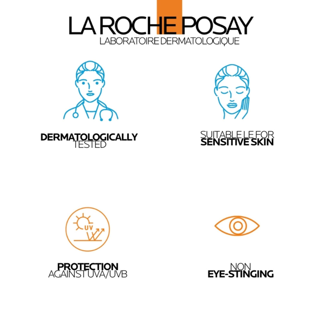 la Roche Posay Brown, blue and orange sunscreen tube with cartoon characters, prominent SPF number, sun icon, and QR code