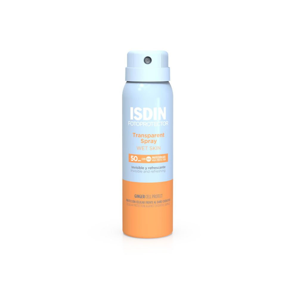 Isdin Light blue and orange cylindrical plastic sunscreen spray with nozzle, printed text and logos