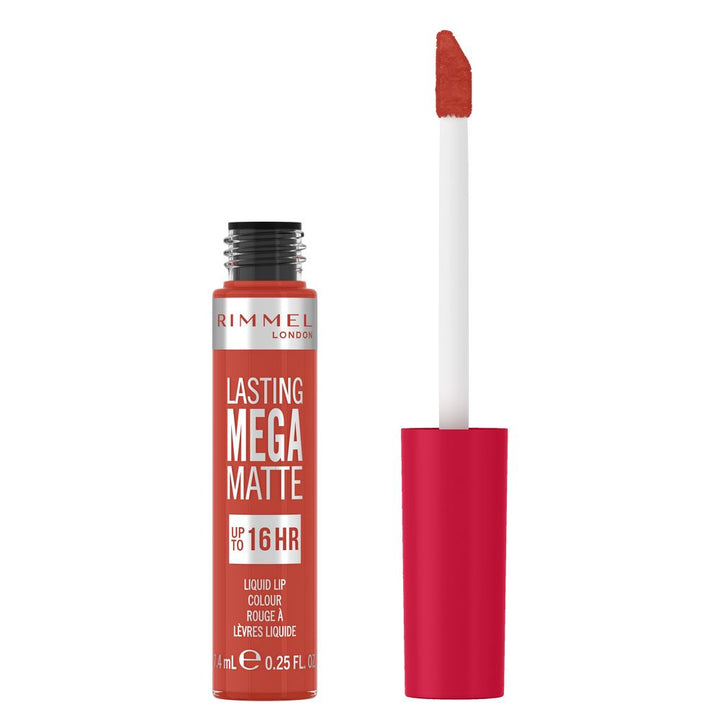 Slim liquid lipstick tube with tapered wand; deep scarlet shade, 7.4 ml