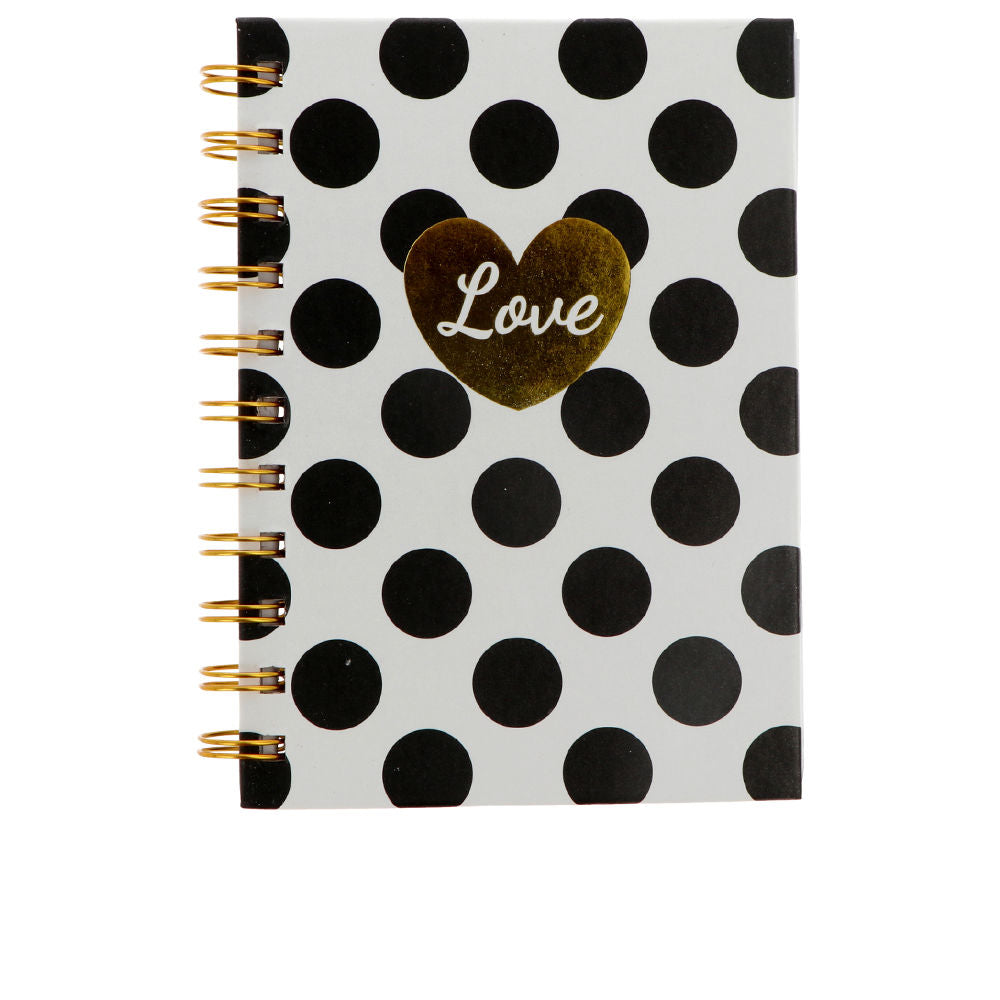A6 spiral notebook with black polka-dot cover, 80 ruled pages, 12×15 cm