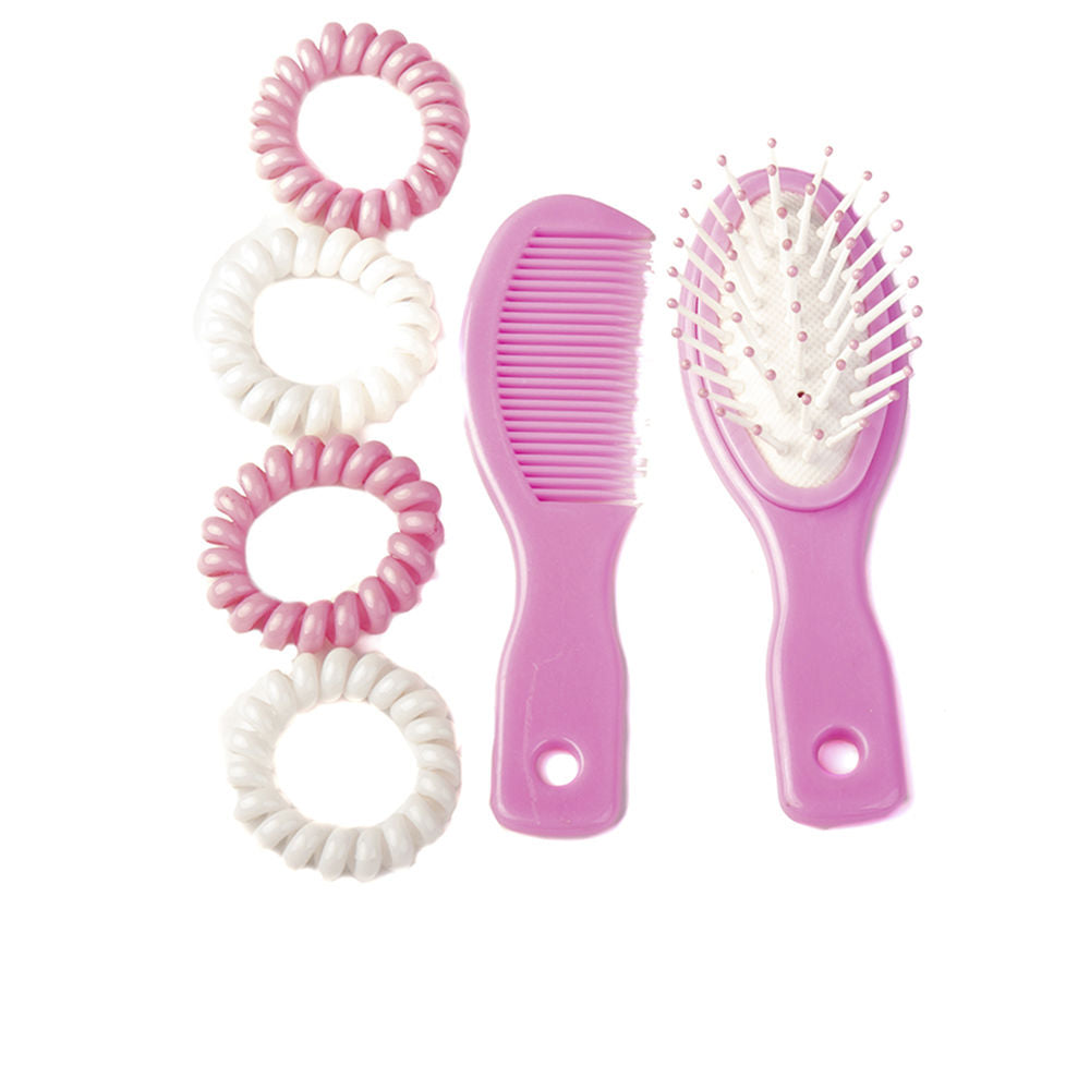 Pink and white plastic hairbrush and small comb set with rounded-bristle brush and spiral ties, Inca