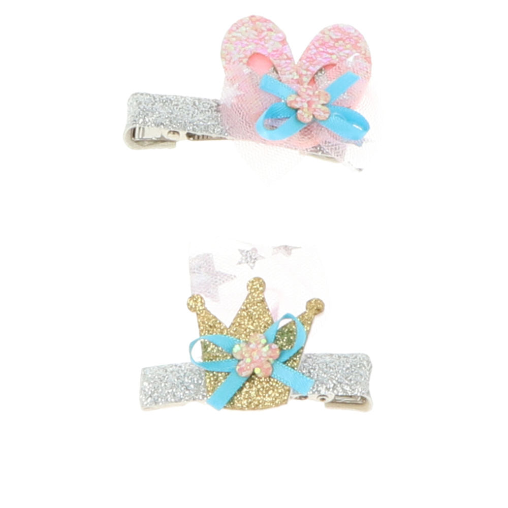 Set of two glitter fabric crocodile hair clips with bow, crown, and heart metal details, Inca
