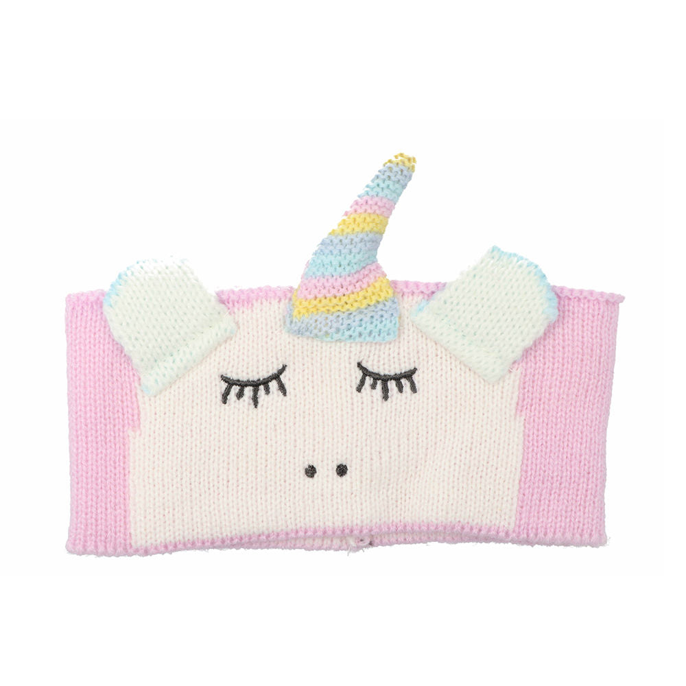 Inca Knitted yarn unicorn headband in pink, white, pastel blue and yellow with embroidered eyes