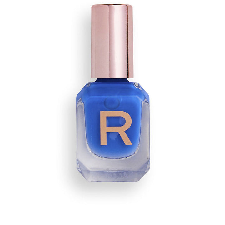 Small 10 ml azure blue nail polish bottle with angled brush, glossy finish