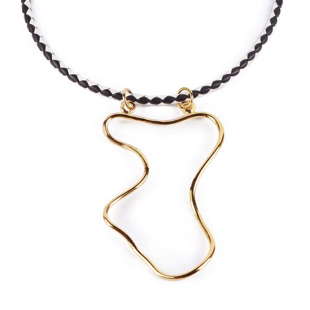 Gold-tone lake-shaped pendant on two-tone braided Italian leather necklace, 38 cm length