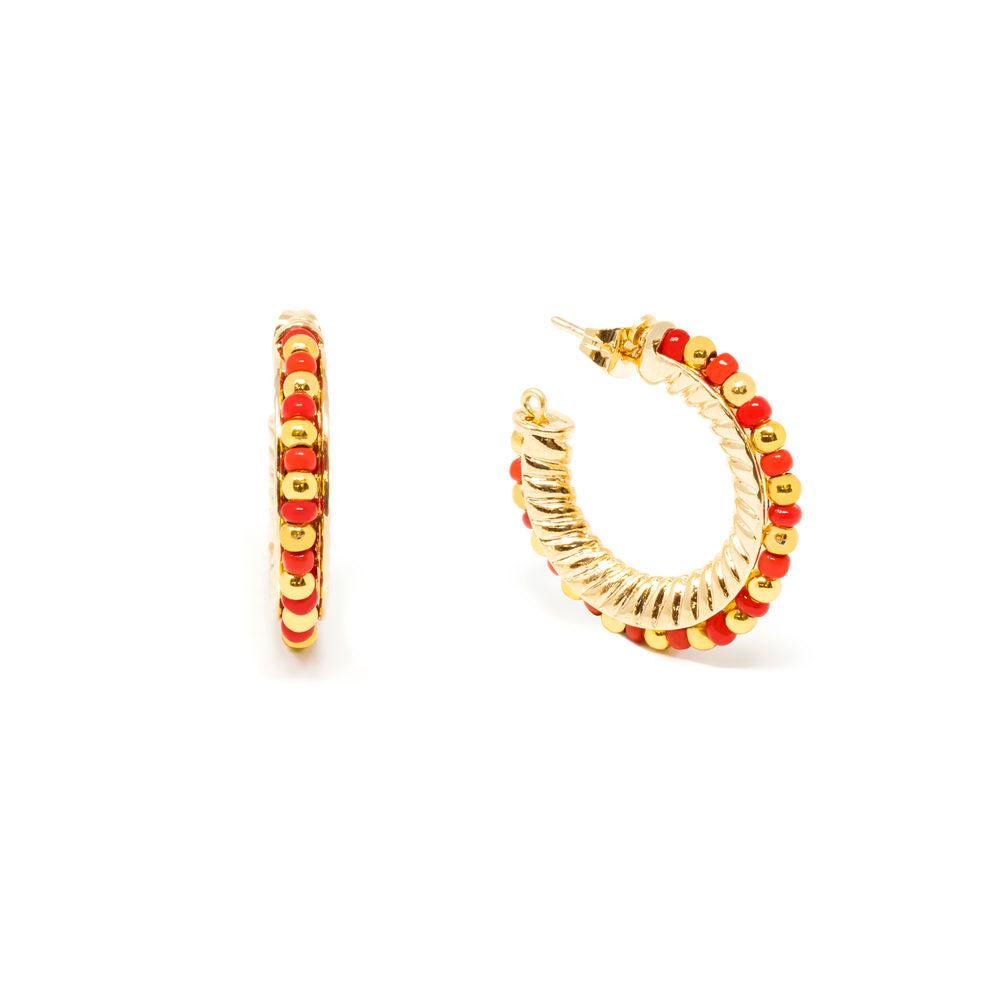 Pair of 2 cm gold-plated hoop earrings with green and gold beads for Women