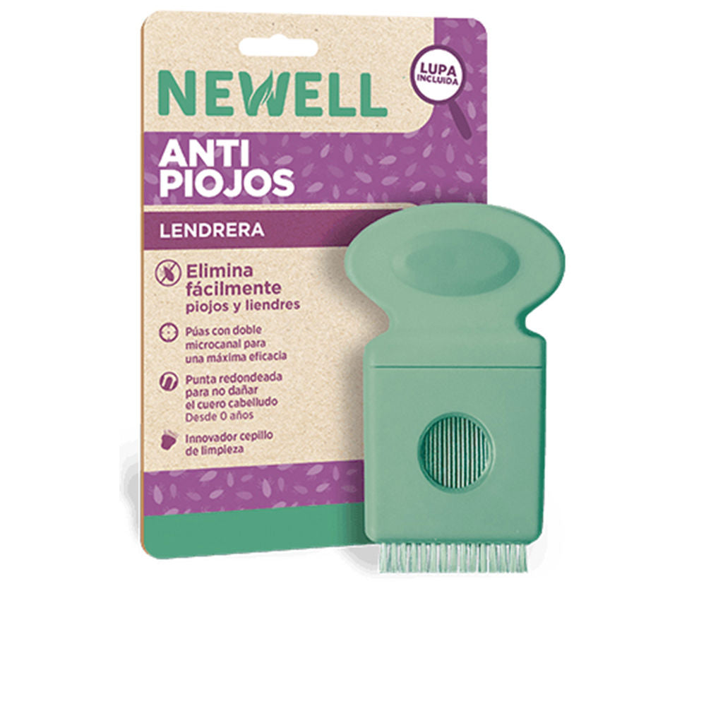Newell Green, purple, and beige plastic lice comb with double microchannel teeth, rounded tip, and cleaning brush