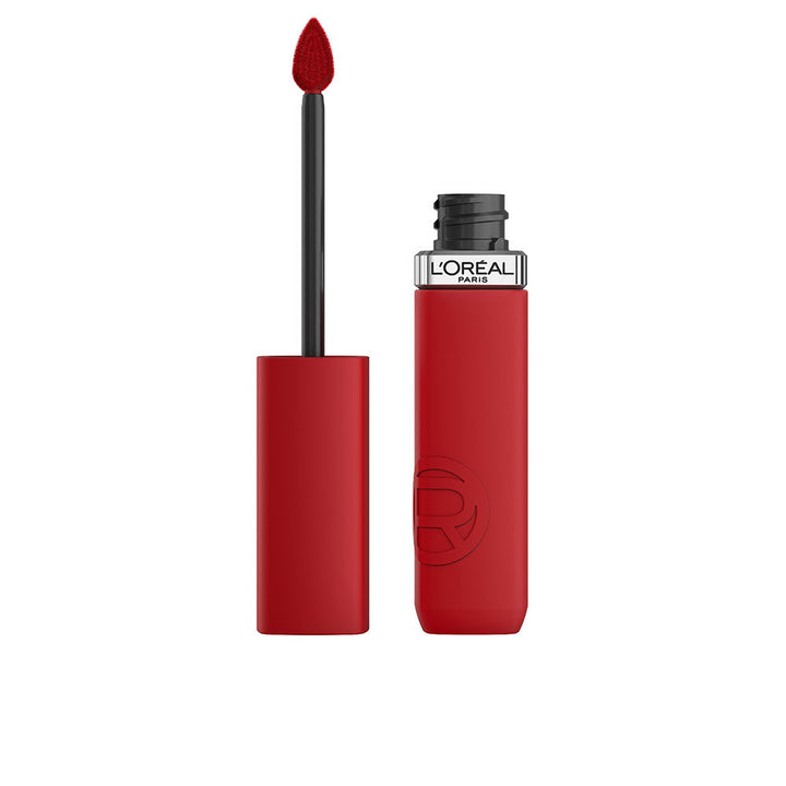 Unisex longwear matte liquid lipstick in deep red shade, doe‑foot applicator visible