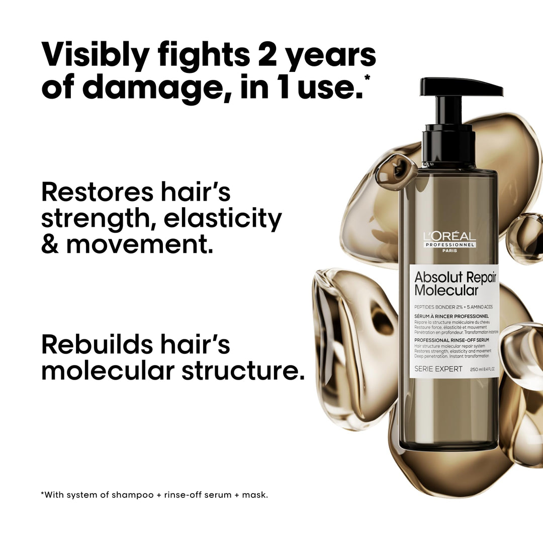 Clear pump serum bottle labelled Repairing Molecular, 250 ml, for damaged hair