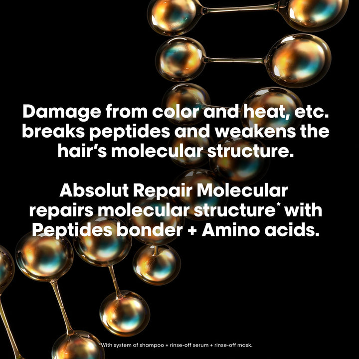 Clear pump serum bottle labelled Repairing Molecular, 250 ml, for damaged hair