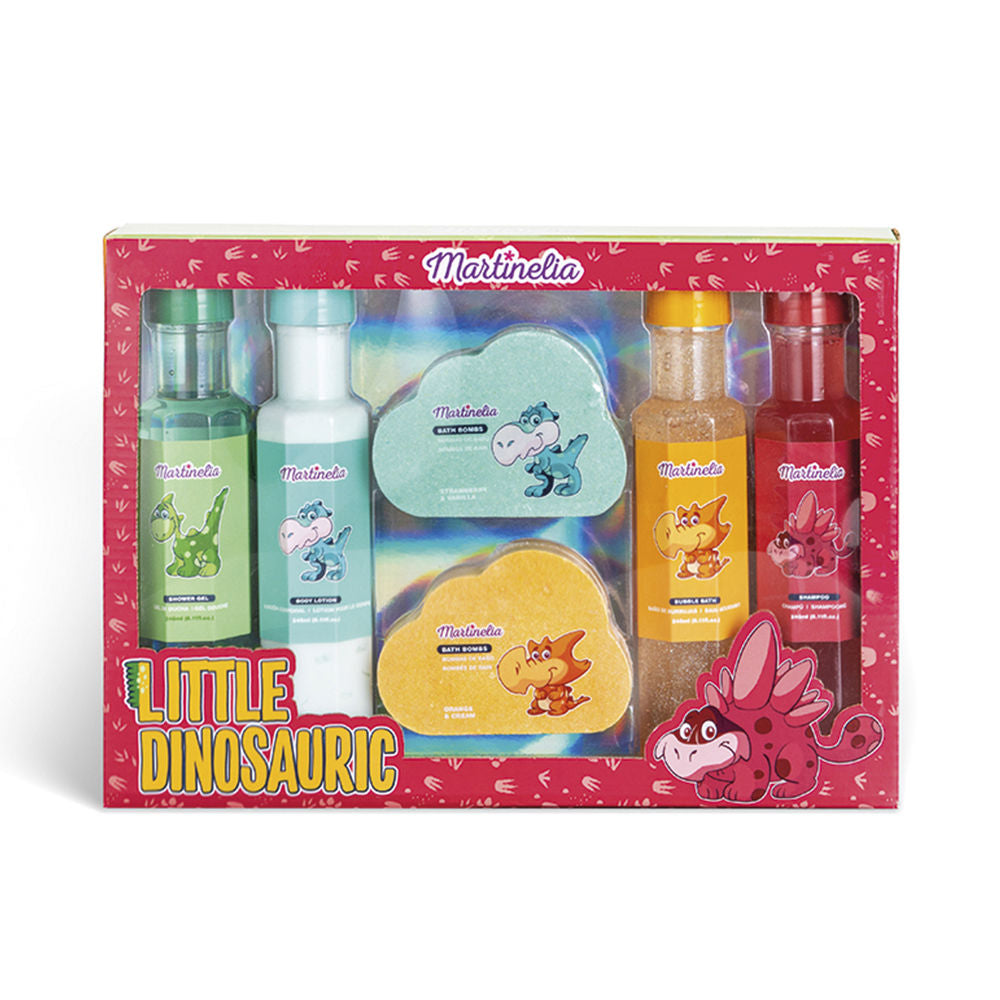 Martinelia Playful dinosaur bath set with transparent bottles, two cloud bath bombs, colorful illustrated packaging